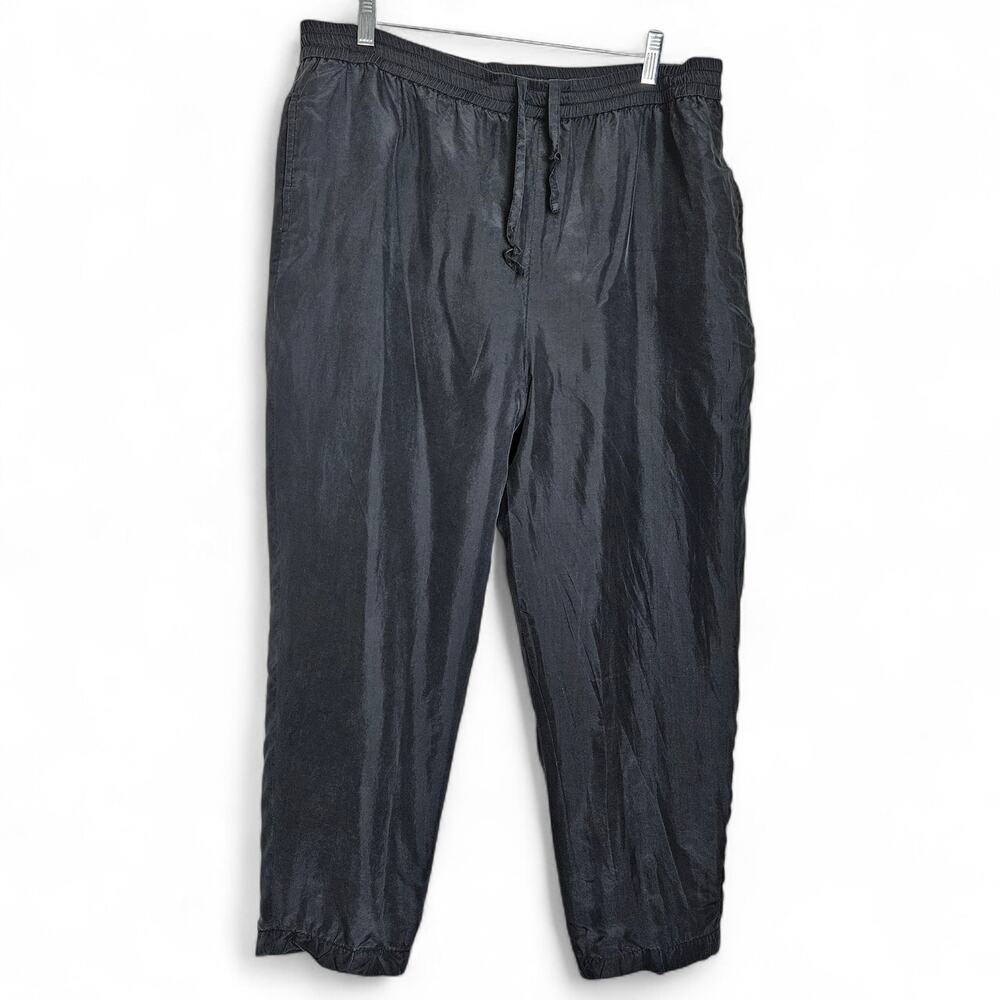 Oleg Cassini Women Vintage Dark Gray Drawstring Casual Silk Pants Sz M Lagenlook